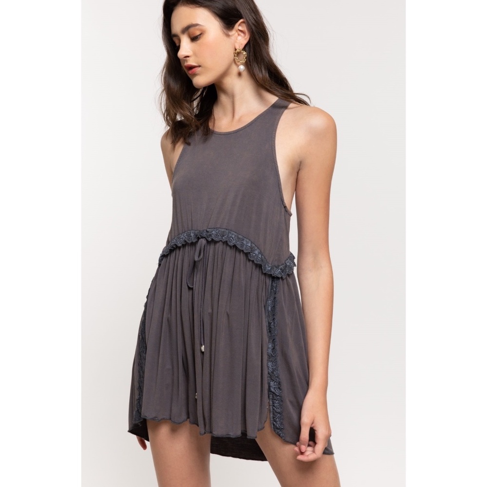 POL Charcoal Sleeveless Crochet Trimmed Babydoll Tunic Top - Picture 2 of 10